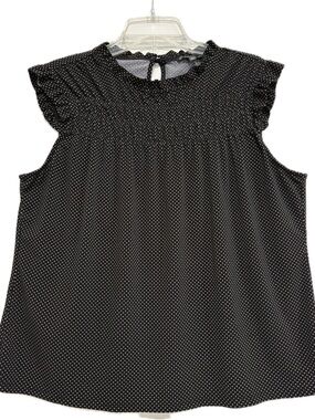 Adrianna Papell Black with Gold/Tan Polka Dot Ruffle Sleeveless Blouse XL